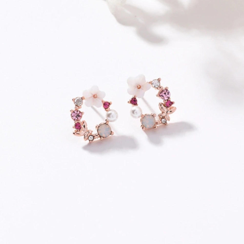Small Wreath Earrings -  Pink Butterfly